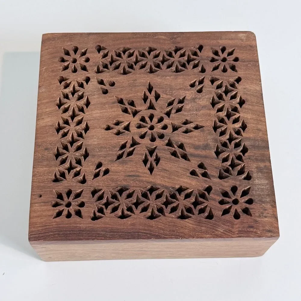Vintage Carved Mango Wood Hinged Lid Box 6x6